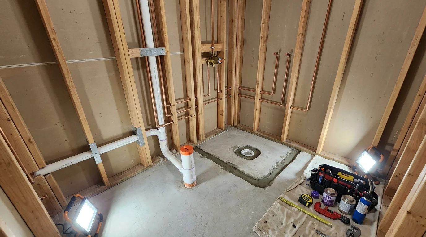 Bathroom rough-in plumbing during remodel by Johns Plumbing LLC in Kimball