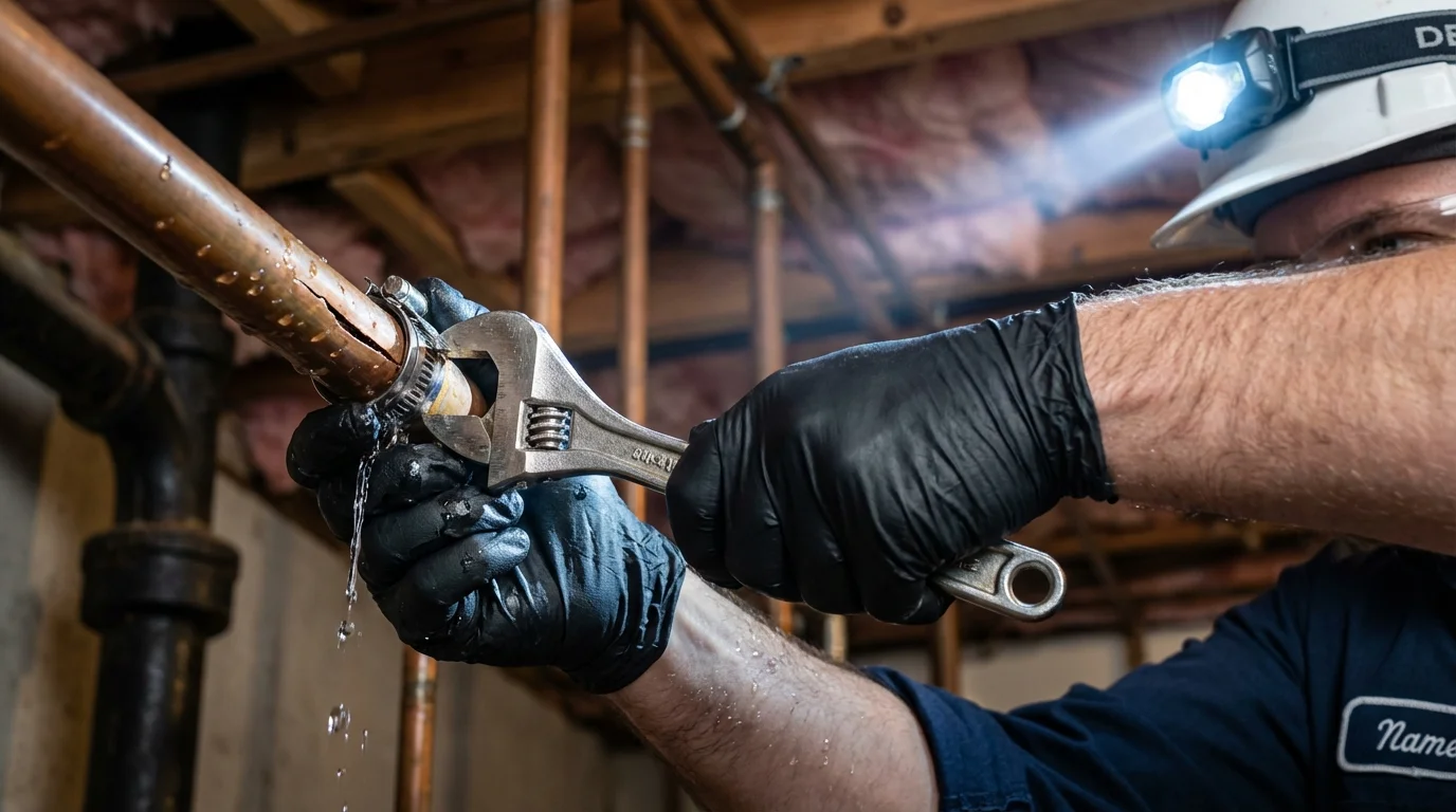 Emergency pipe clamp repair being performed by a Johns Plumbing LLC plumber in Kimball