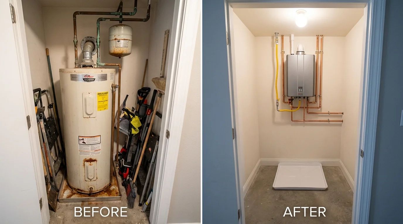Tank water heater versus wall-mounted tankless unit comparison for Kimball, NE homeowners