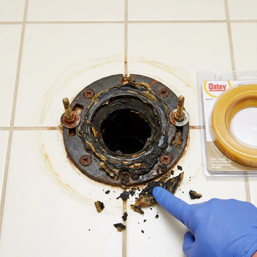 Failed wax ring showing water seepage at the base of a toilet in a Kimball, NE home