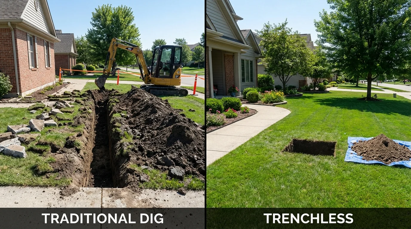 Trenchless sewer repair with minimal yard damage versus traditional excavation in Kimball, NE