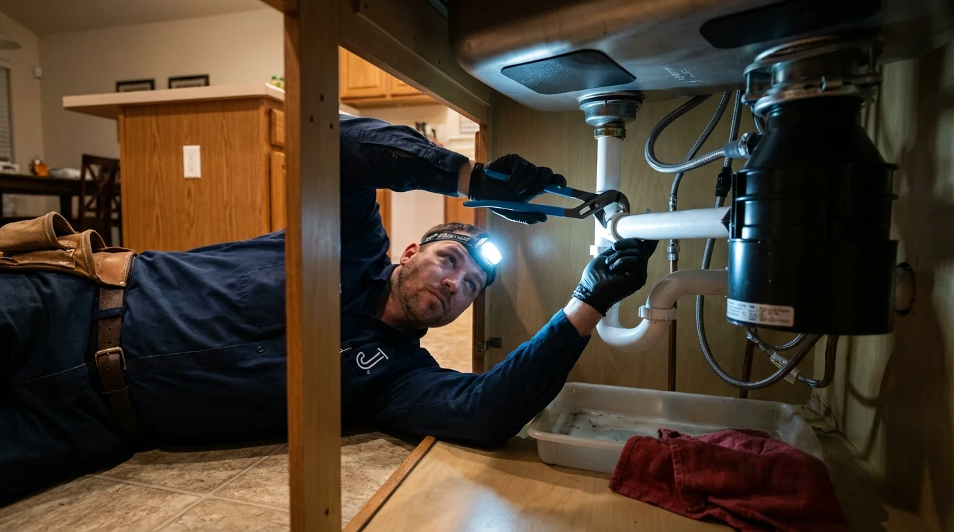 P-trap and supply line connections under a kitchen sink showing a common leak point in Kimball, NE